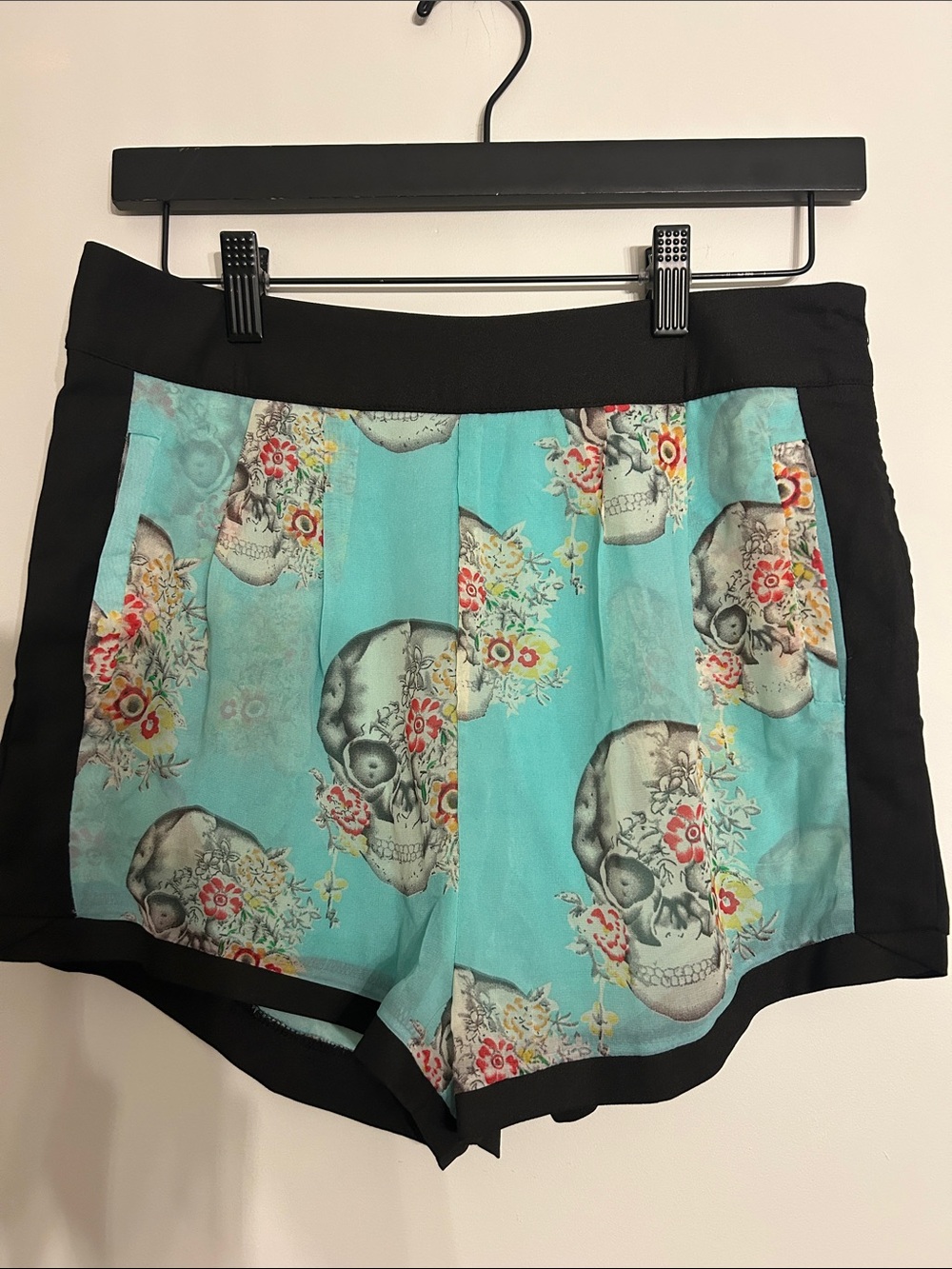 Sabo Skirt Turquoise Floral Skull High-Waist Shorts with Black Trim